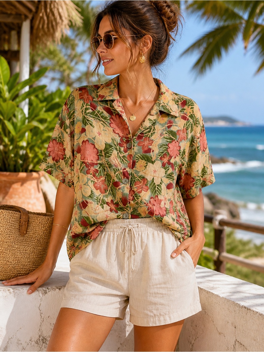 Tropical Floral Button Down Shirt Large Vintage Resort Vacation Rayon Blouse